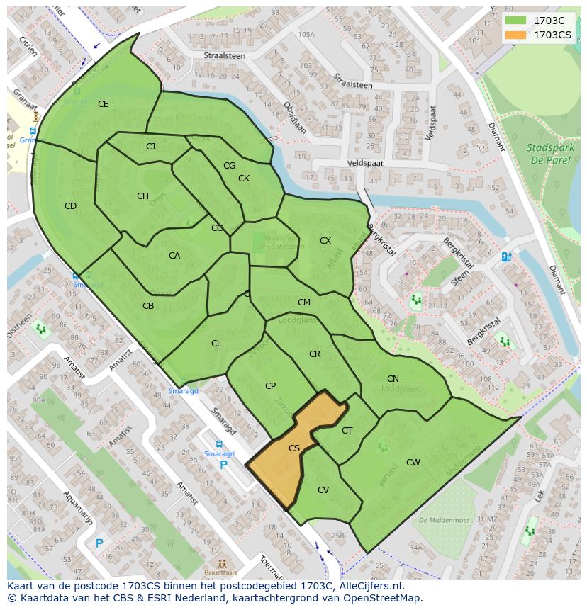 Afbeelding van het postcodegebied 1703 CS op de kaart.