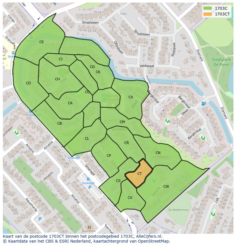 Afbeelding van het postcodegebied 1703 CT op de kaart.