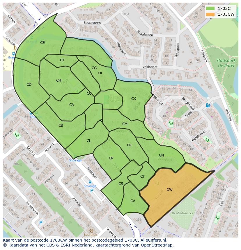 Afbeelding van het postcodegebied 1703 CW op de kaart.