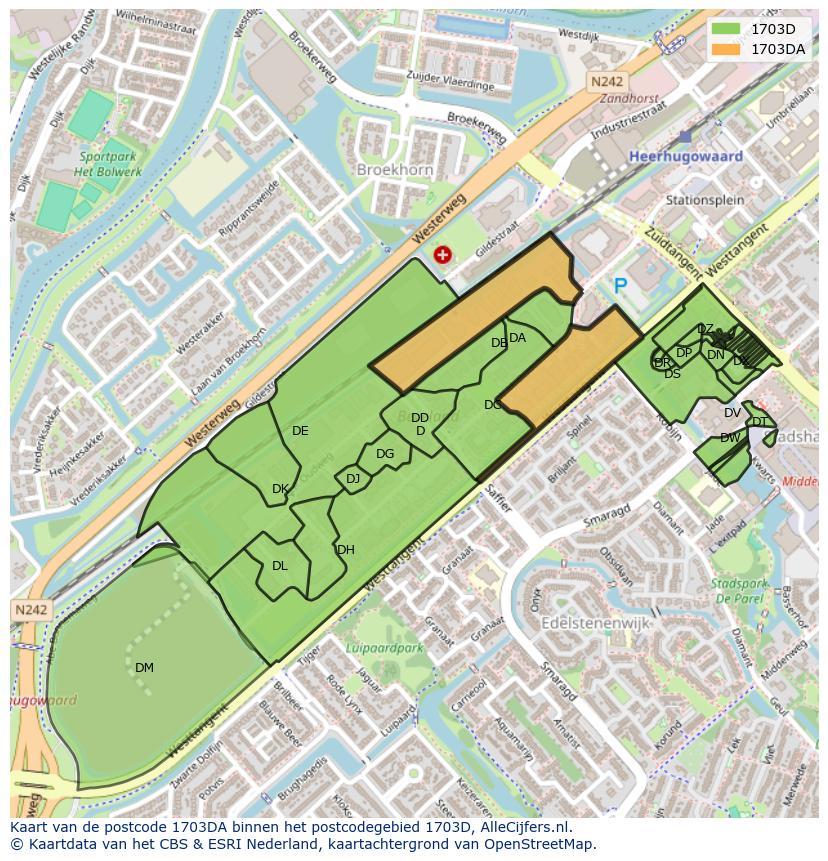Afbeelding van het postcodegebied 1703 DA op de kaart.