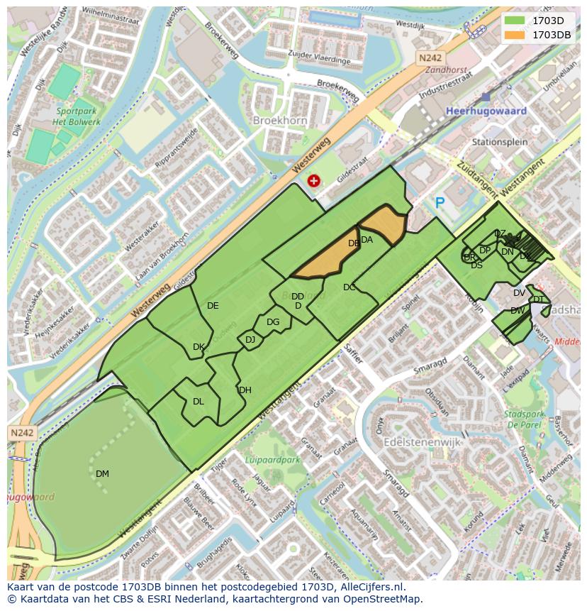 Afbeelding van het postcodegebied 1703 DB op de kaart.