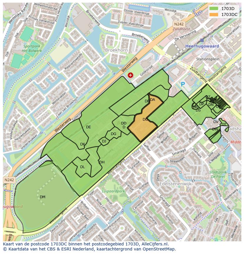 Afbeelding van het postcodegebied 1703 DC op de kaart.