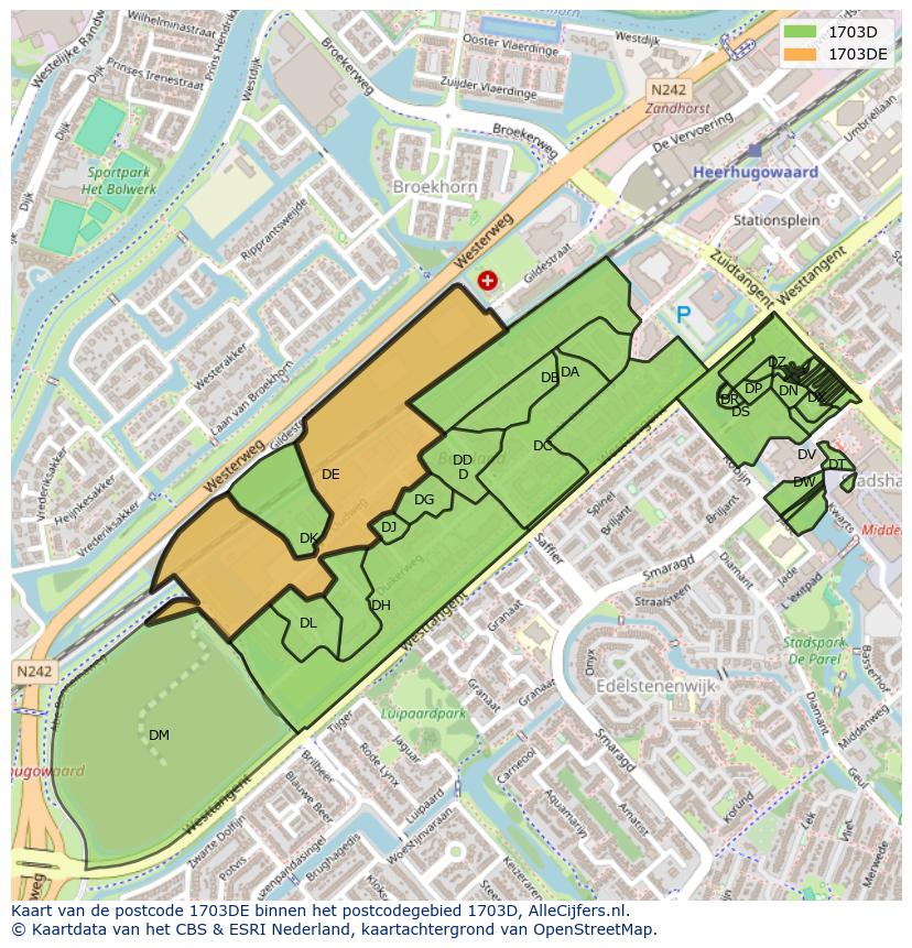 Afbeelding van het postcodegebied 1703 DE op de kaart.