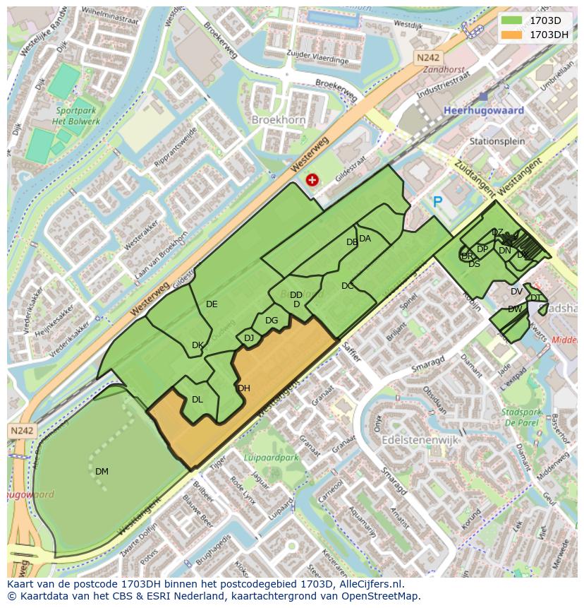 Afbeelding van het postcodegebied 1703 DH op de kaart.