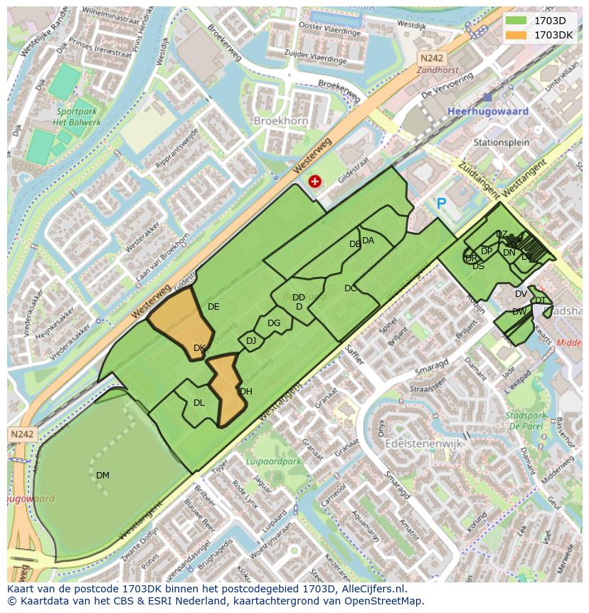 Afbeelding van het postcodegebied 1703 DK op de kaart.