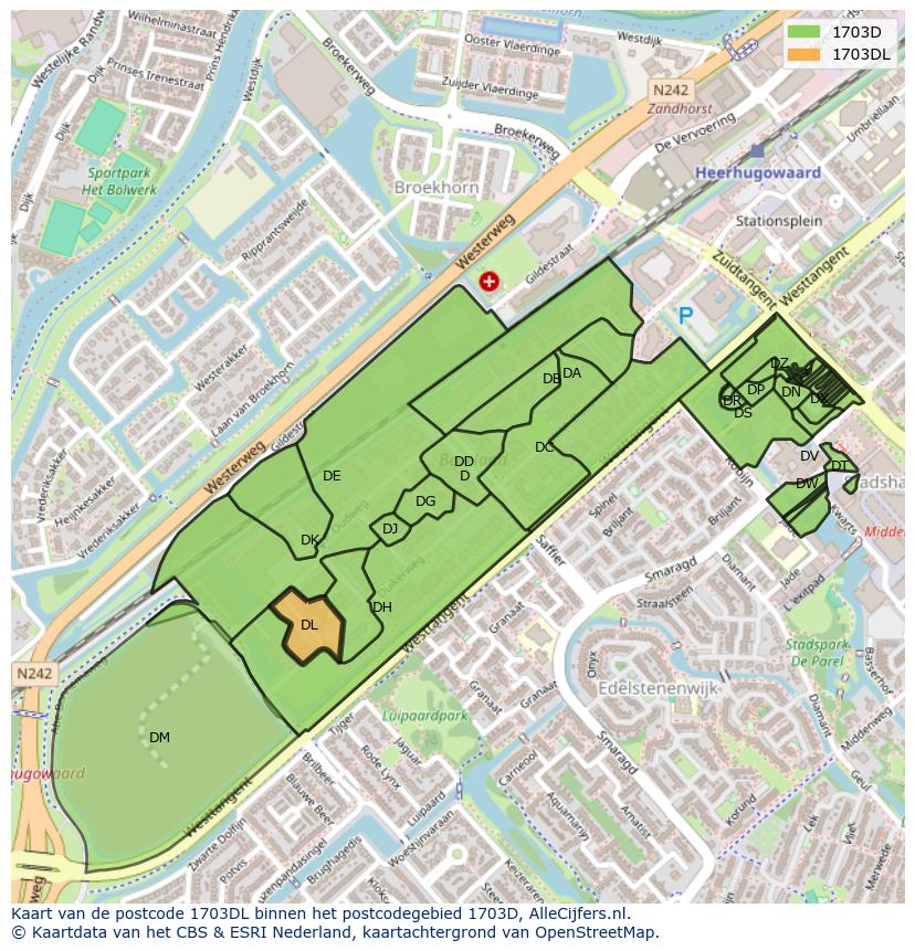 Afbeelding van het postcodegebied 1703 DL op de kaart.