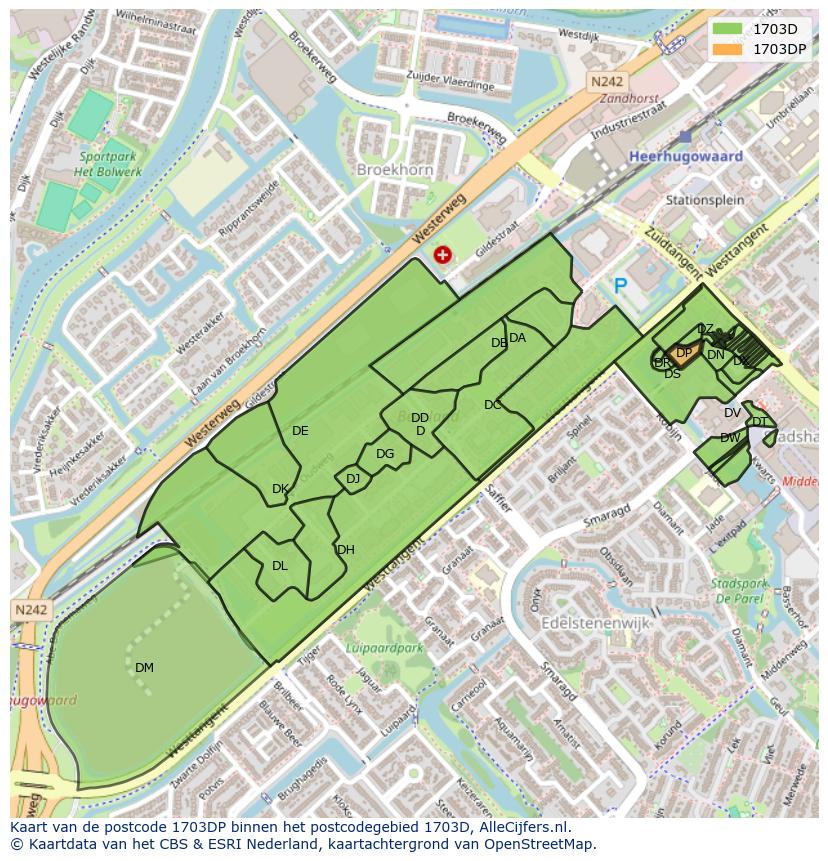 Afbeelding van het postcodegebied 1703 DP op de kaart.