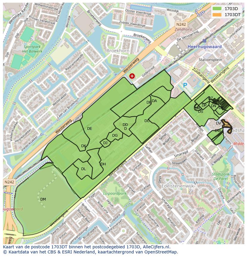 Afbeelding van het postcodegebied 1703 DT op de kaart.