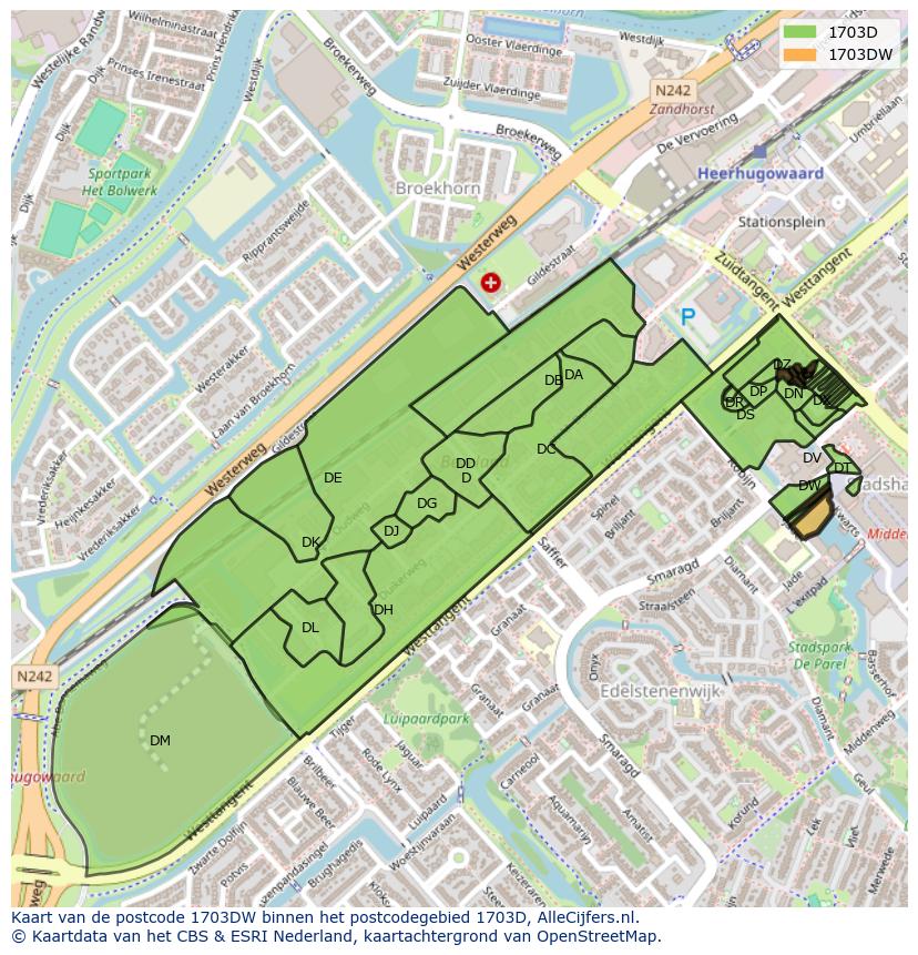 Afbeelding van het postcodegebied 1703 DW op de kaart.