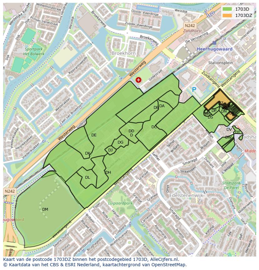 Afbeelding van het postcodegebied 1703 DZ op de kaart.