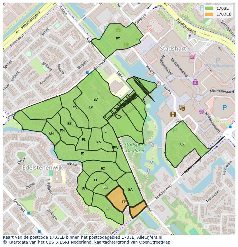 Afbeelding van het postcodegebied 1703 EB op de kaart.