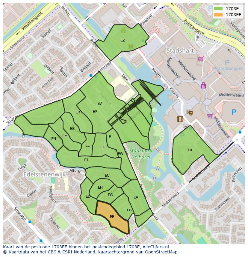 Afbeelding van het postcodegebied 1703 EE op de kaart.