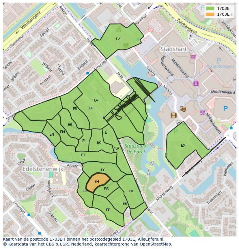 Afbeelding van het postcodegebied 1703 EH op de kaart.
