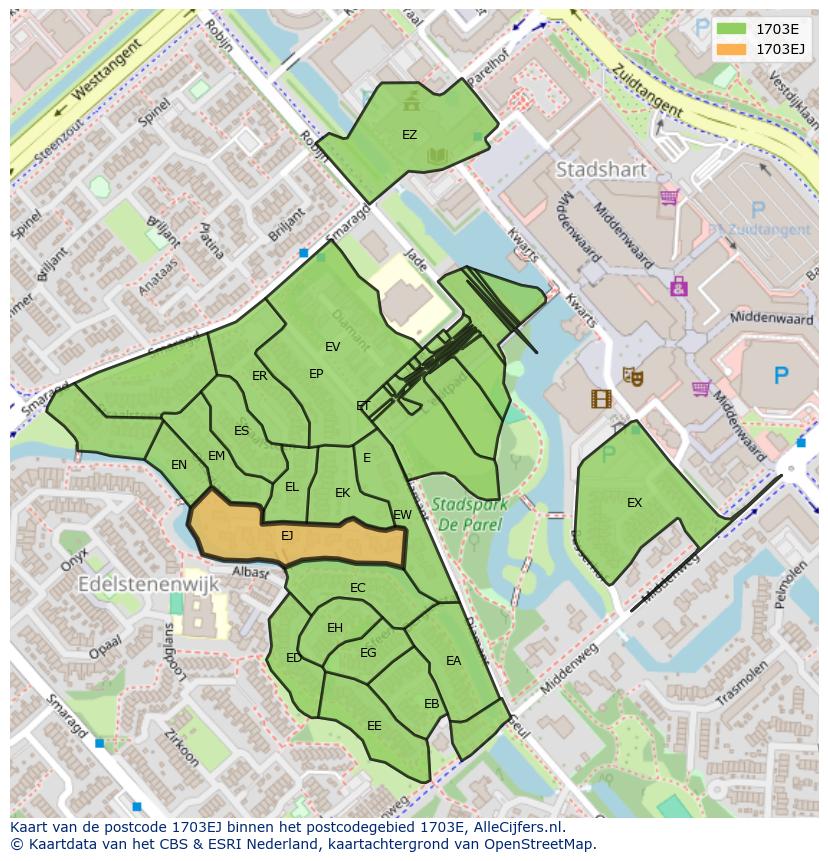 Afbeelding van het postcodegebied 1703 EJ op de kaart.