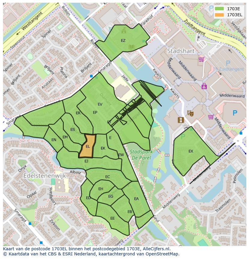 Afbeelding van het postcodegebied 1703 EL op de kaart.