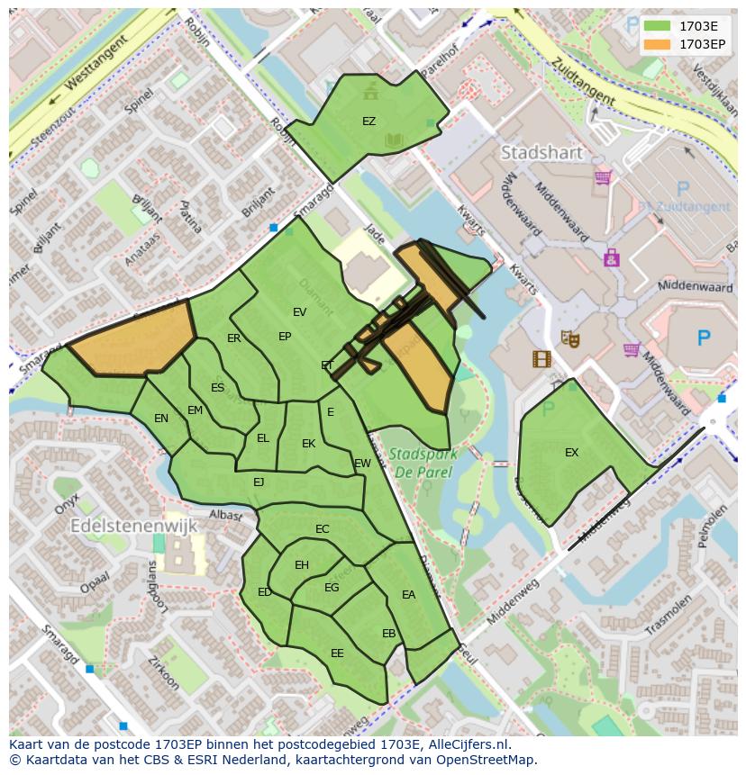 Afbeelding van het postcodegebied 1703 EP op de kaart.