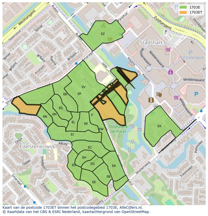 Afbeelding van het postcodegebied 1703 ET op de kaart.