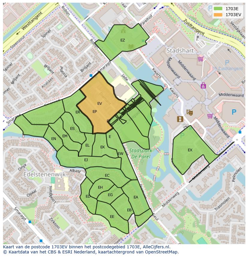 Afbeelding van het postcodegebied 1703 EV op de kaart.