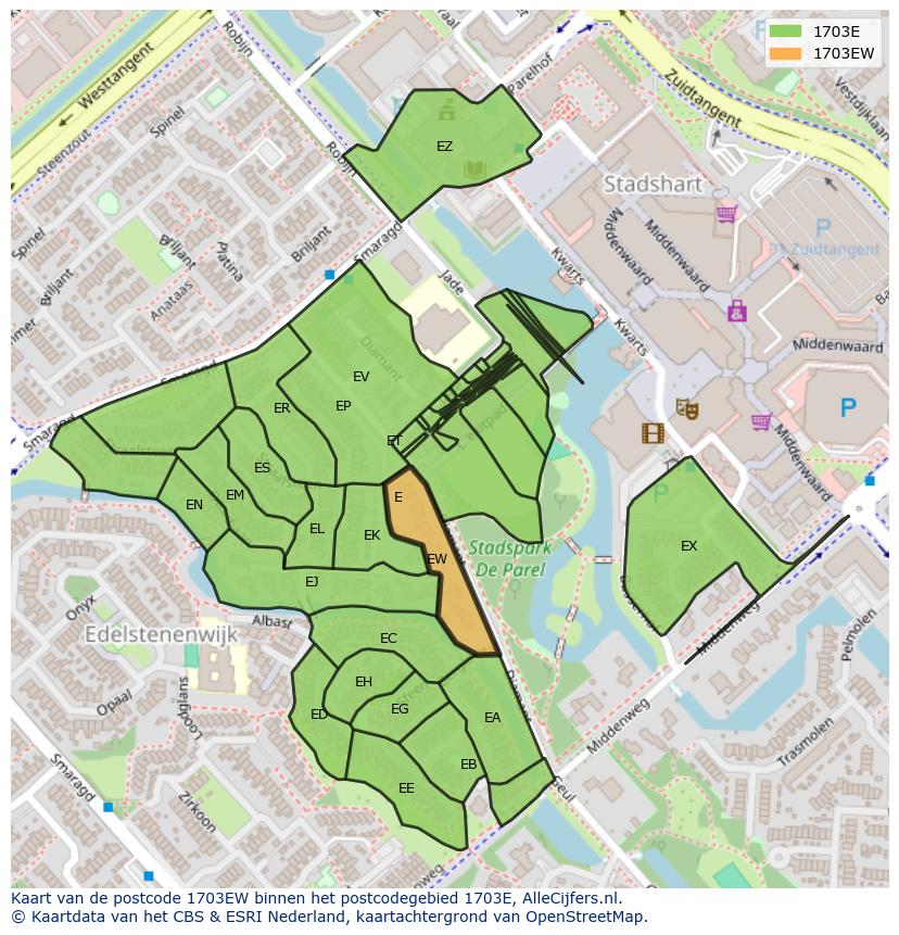 Afbeelding van het postcodegebied 1703 EW op de kaart.
