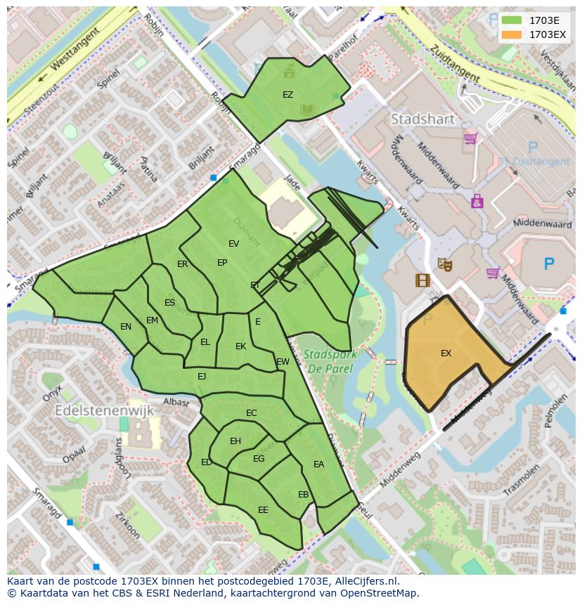 Afbeelding van het postcodegebied 1703 EX op de kaart.