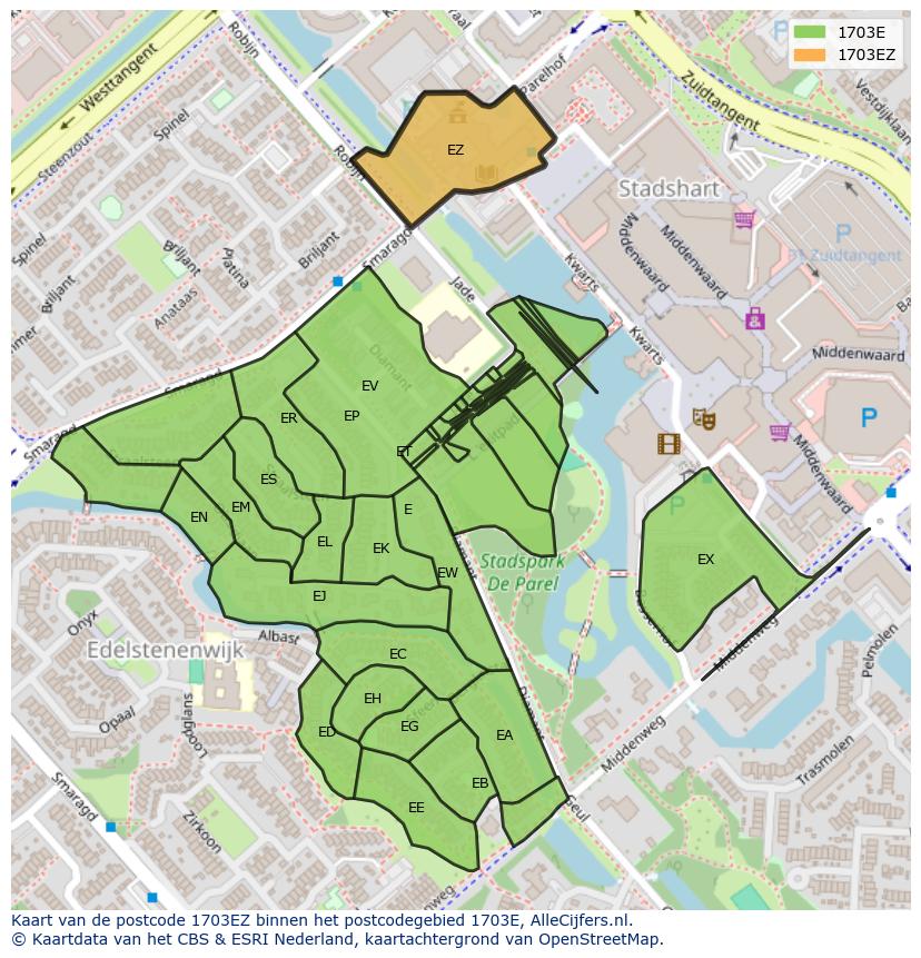 Afbeelding van het postcodegebied 1703 EZ op de kaart.