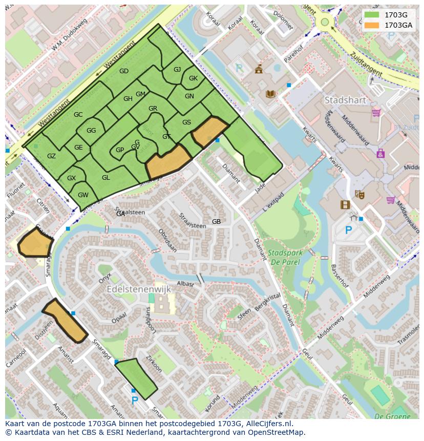 Afbeelding van het postcodegebied 1703 GA op de kaart.