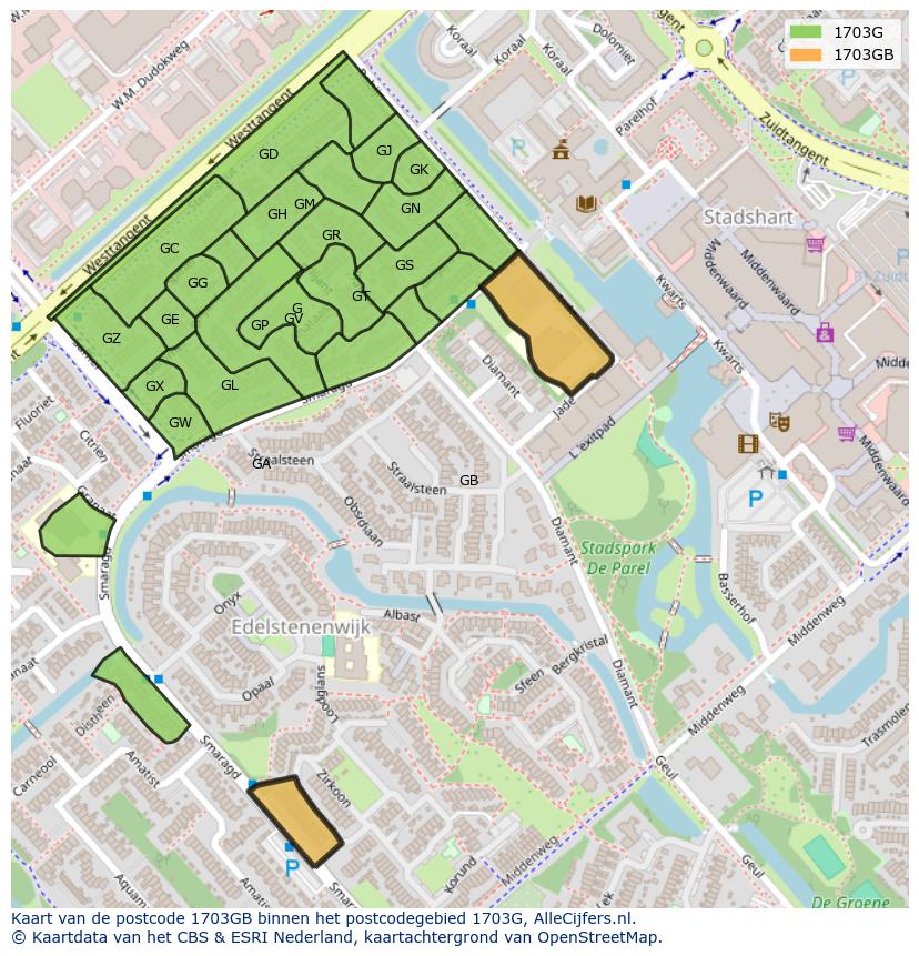 Afbeelding van het postcodegebied 1703 GB op de kaart.