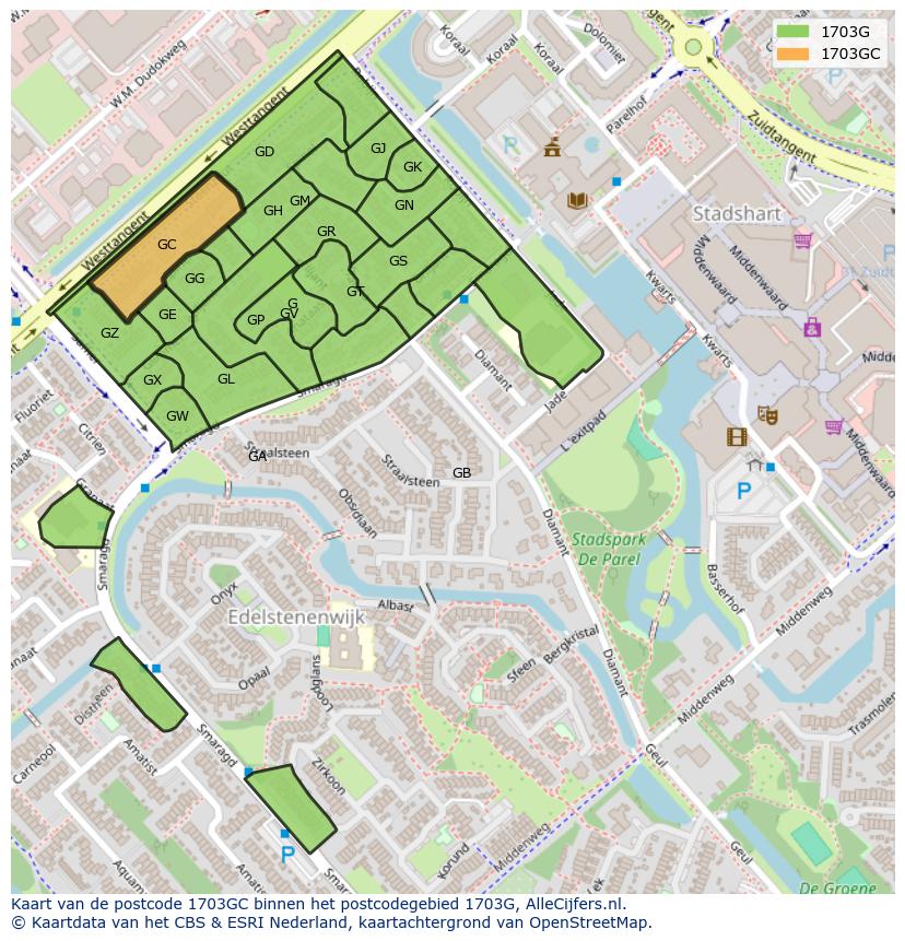Afbeelding van het postcodegebied 1703 GC op de kaart.