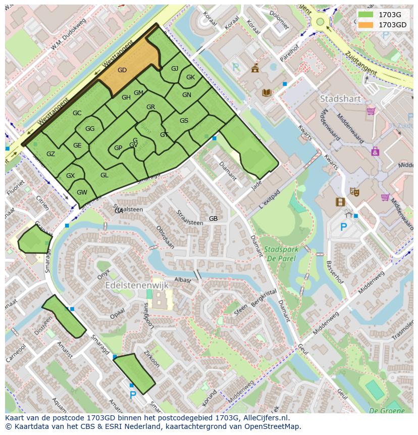 Afbeelding van het postcodegebied 1703 GD op de kaart.