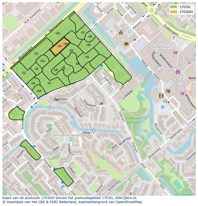 Afbeelding van het postcodegebied 1703 GH op de kaart.