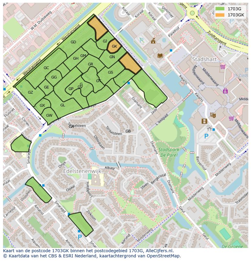 Afbeelding van het postcodegebied 1703 GK op de kaart.