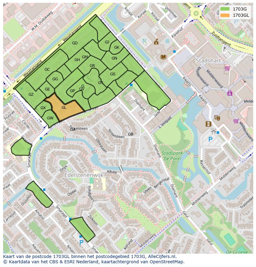 Afbeelding van het postcodegebied 1703 GL op de kaart.