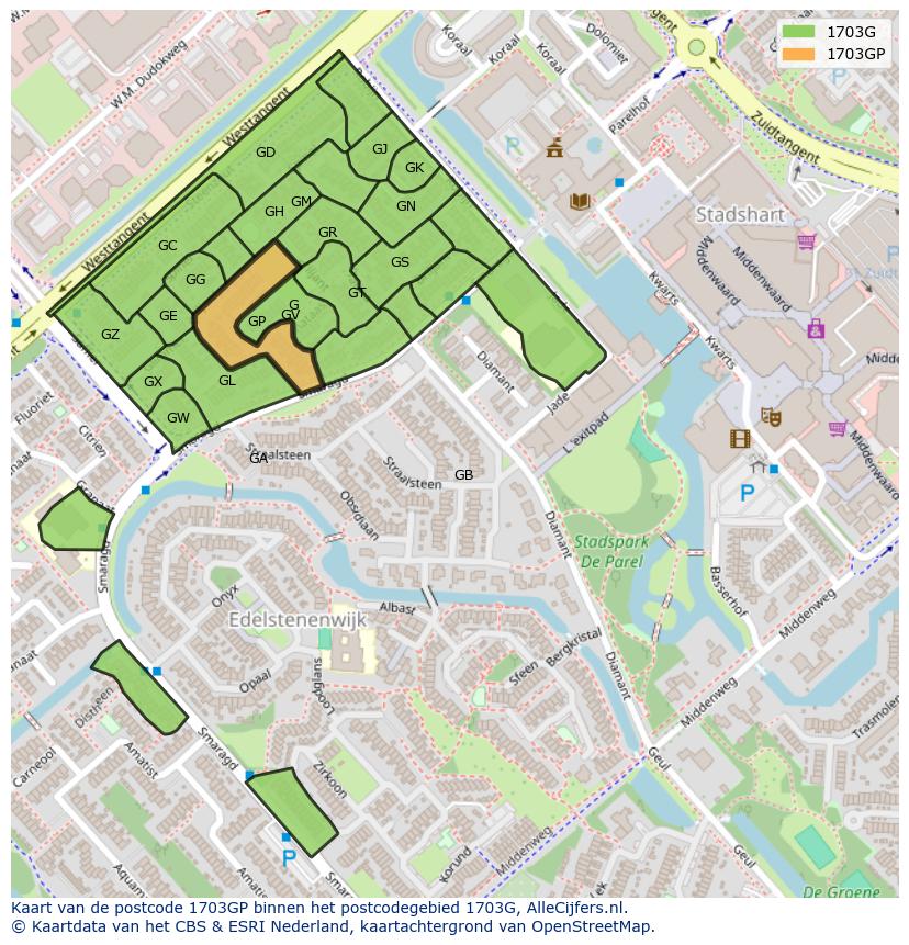 Afbeelding van het postcodegebied 1703 GP op de kaart.