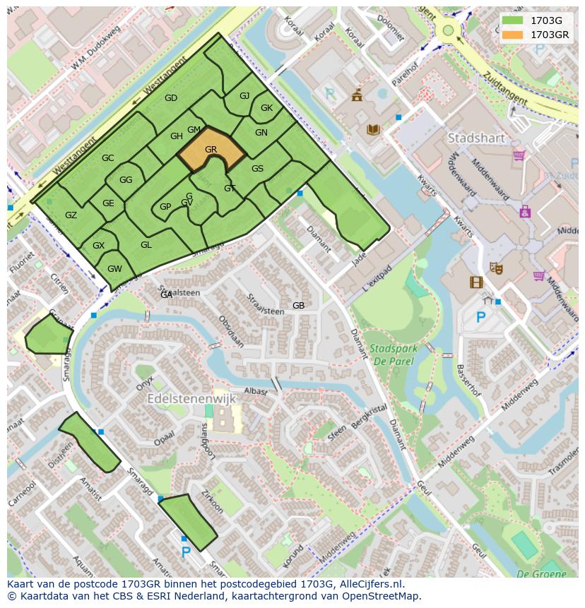 Afbeelding van het postcodegebied 1703 GR op de kaart.