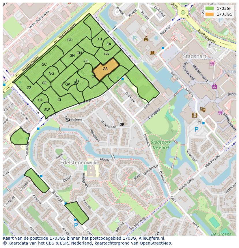 Afbeelding van het postcodegebied 1703 GS op de kaart.