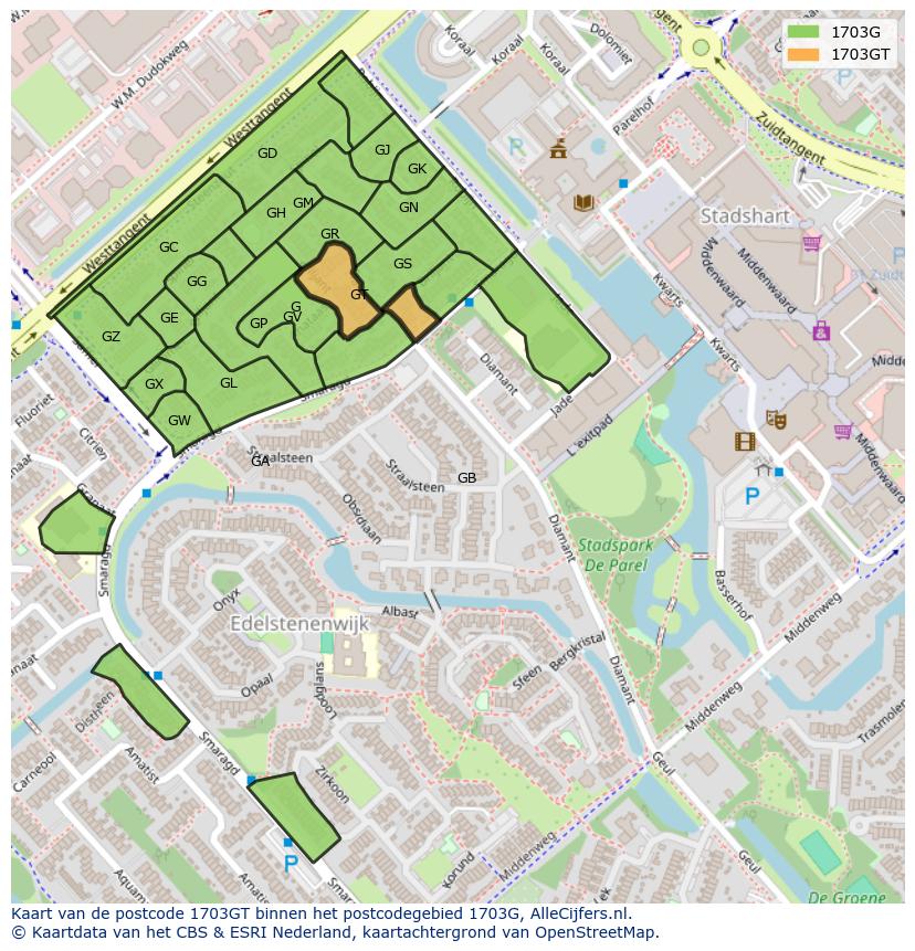 Afbeelding van het postcodegebied 1703 GT op de kaart.