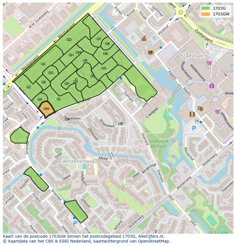 Afbeelding van het postcodegebied 1703 GW op de kaart.
