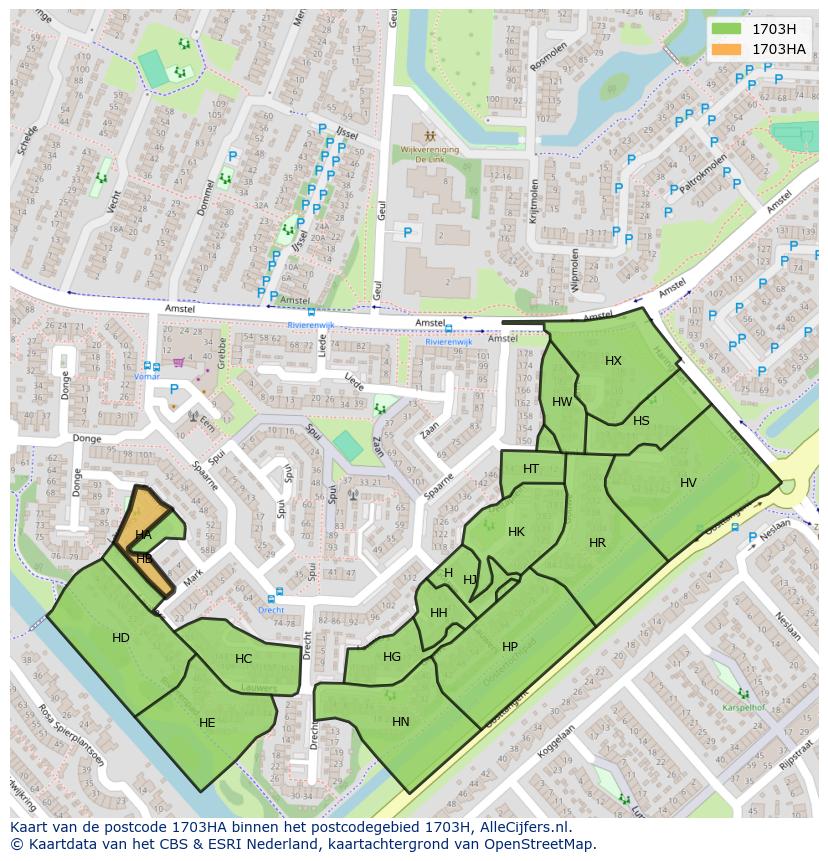 Afbeelding van het postcodegebied 1703 HA op de kaart.