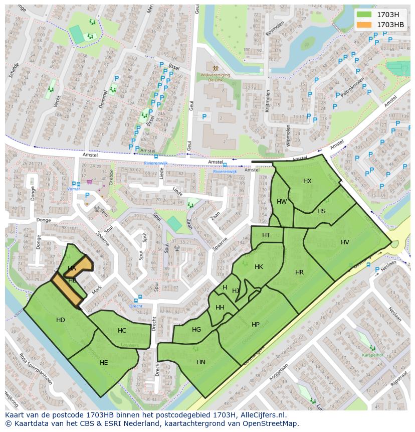 Afbeelding van het postcodegebied 1703 HB op de kaart.