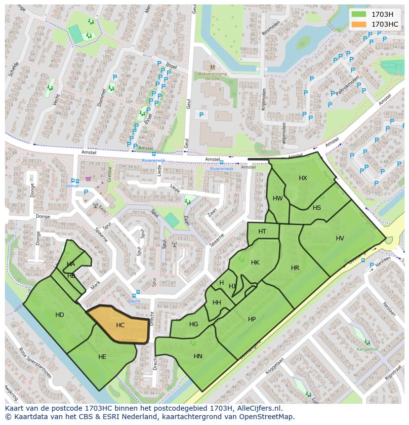Afbeelding van het postcodegebied 1703 HC op de kaart.