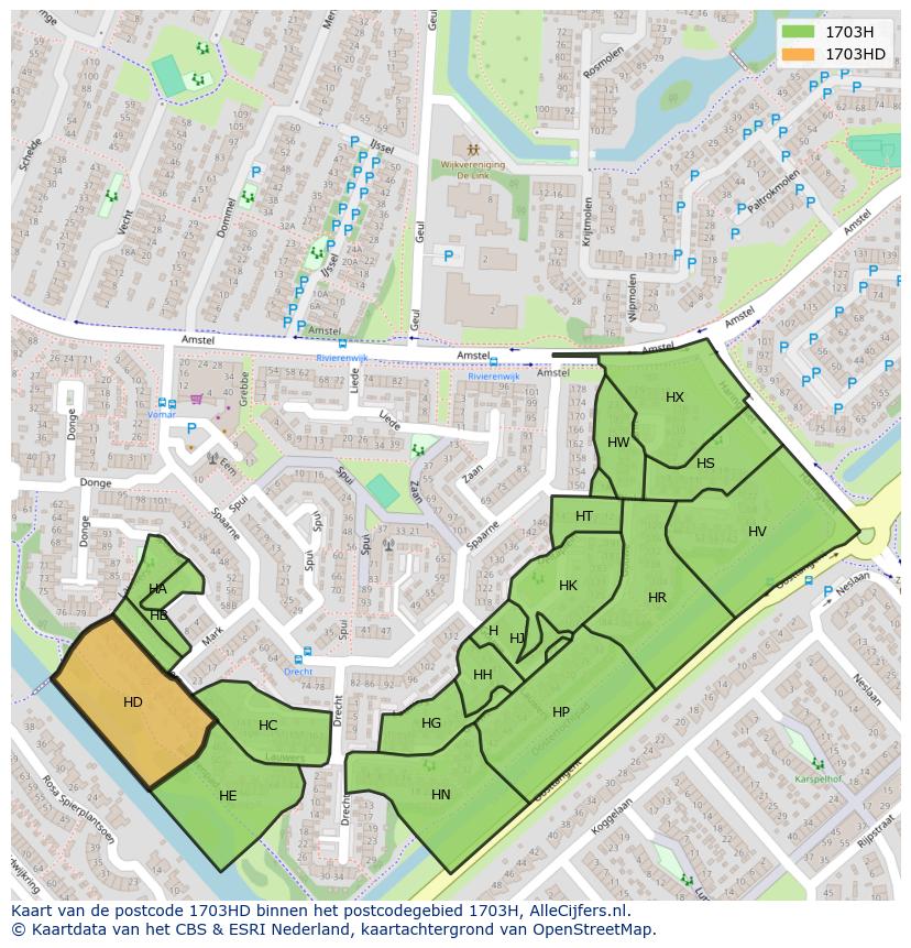 Afbeelding van het postcodegebied 1703 HD op de kaart.