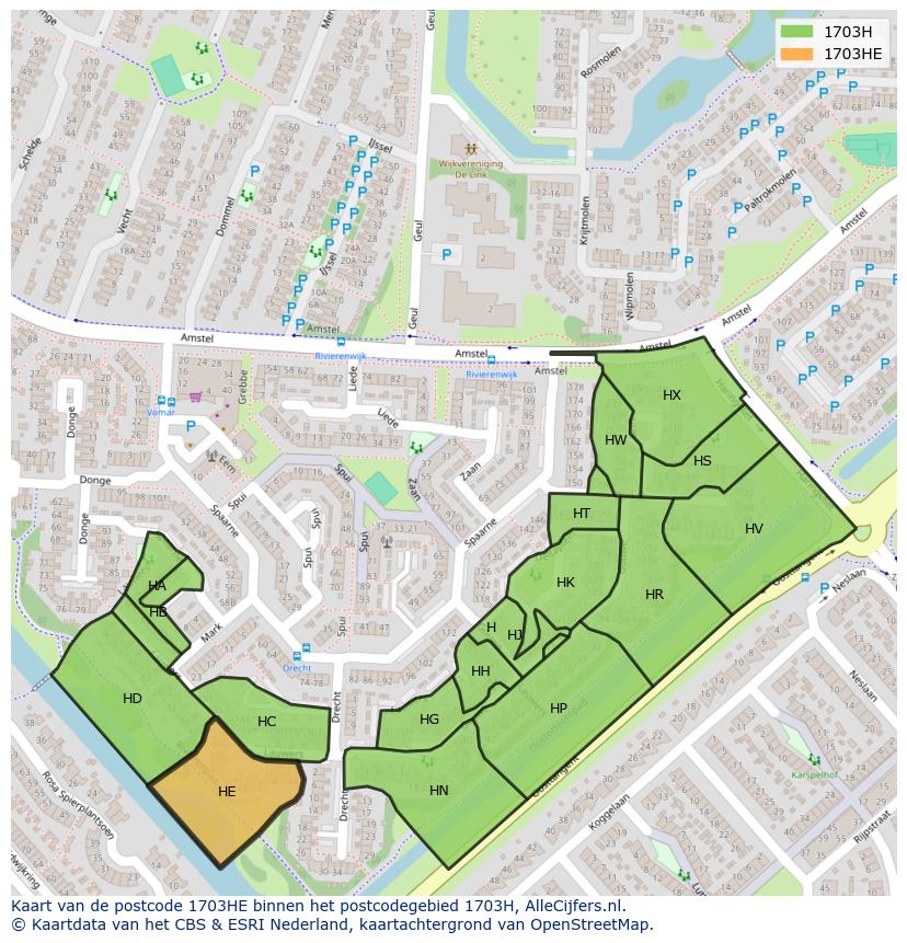 Afbeelding van het postcodegebied 1703 HE op de kaart.
