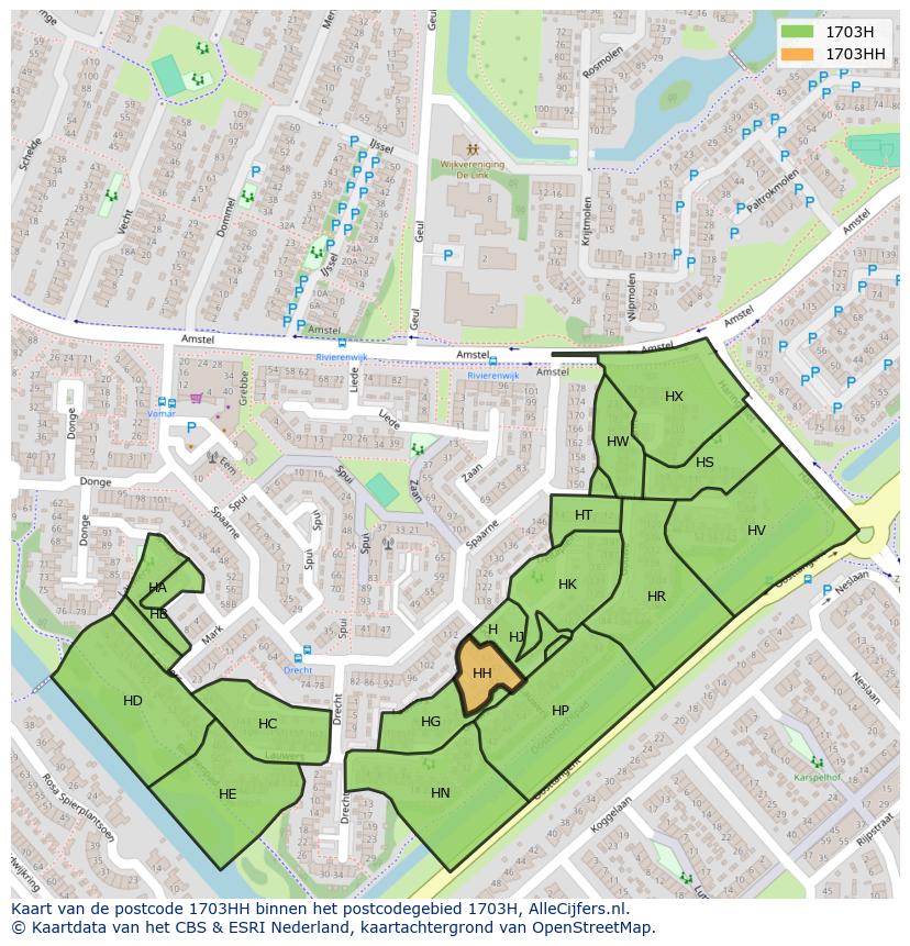 Afbeelding van het postcodegebied 1703 HH op de kaart.