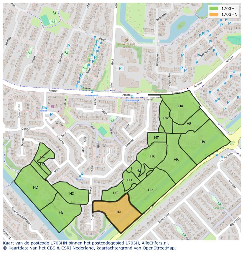 Afbeelding van het postcodegebied 1703 HN op de kaart.