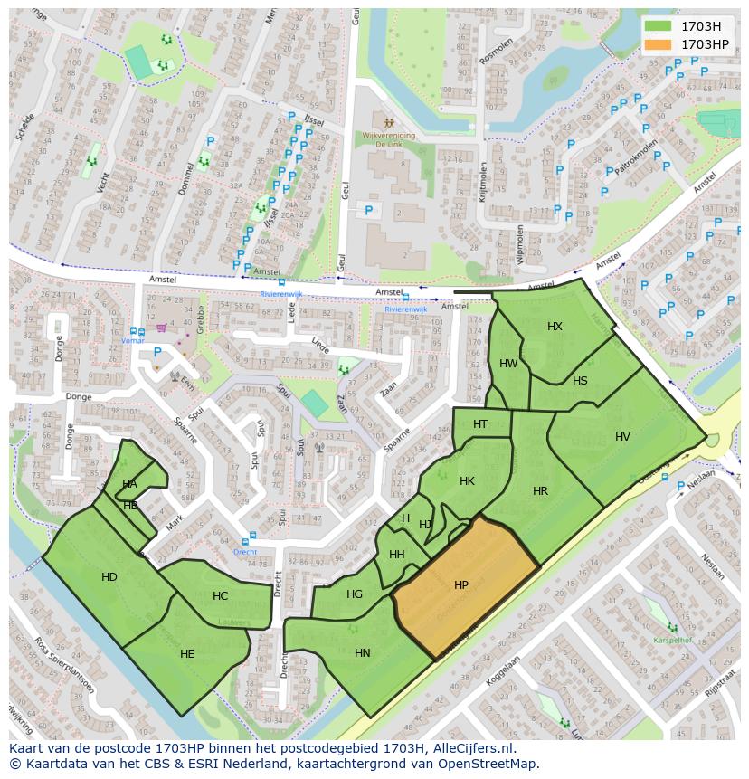 Afbeelding van het postcodegebied 1703 HP op de kaart.