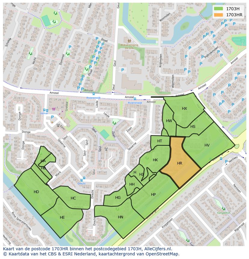 Afbeelding van het postcodegebied 1703 HR op de kaart.