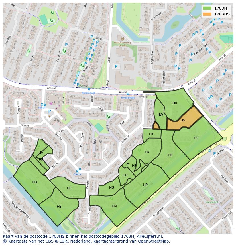 Afbeelding van het postcodegebied 1703 HS op de kaart.