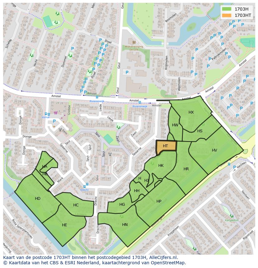 Afbeelding van het postcodegebied 1703 HT op de kaart.