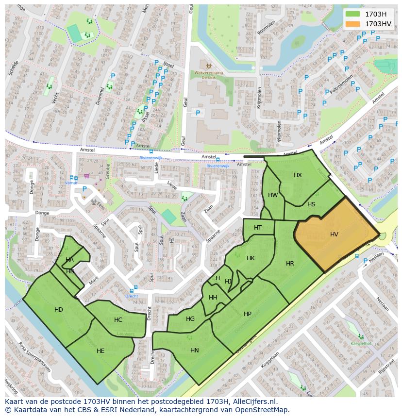 Afbeelding van het postcodegebied 1703 HV op de kaart.
