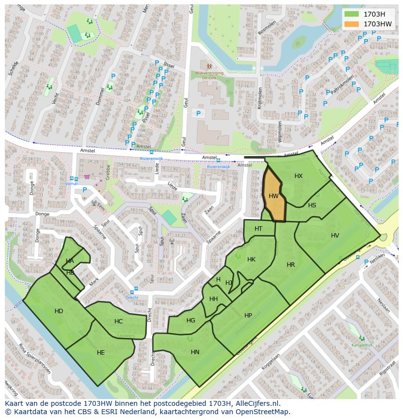 Afbeelding van het postcodegebied 1703 HW op de kaart.